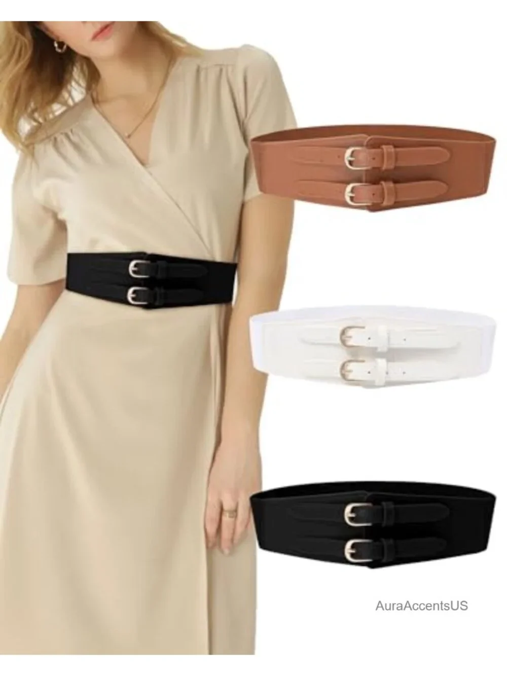Vintage Double-Buckle Wide Elastic Waist Belt 2.4inch Stretchy Fashion Cinch
